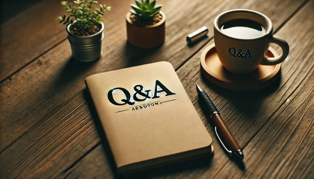 木製のテーブルに置かれた「Q&A」と書かれたノート。そばにコーヒーカップ、ペン、小さな鉢植えが配置され、落ち着いた雰囲気と柔らかな照明が、静かで考え深い雰囲気を作り出している。