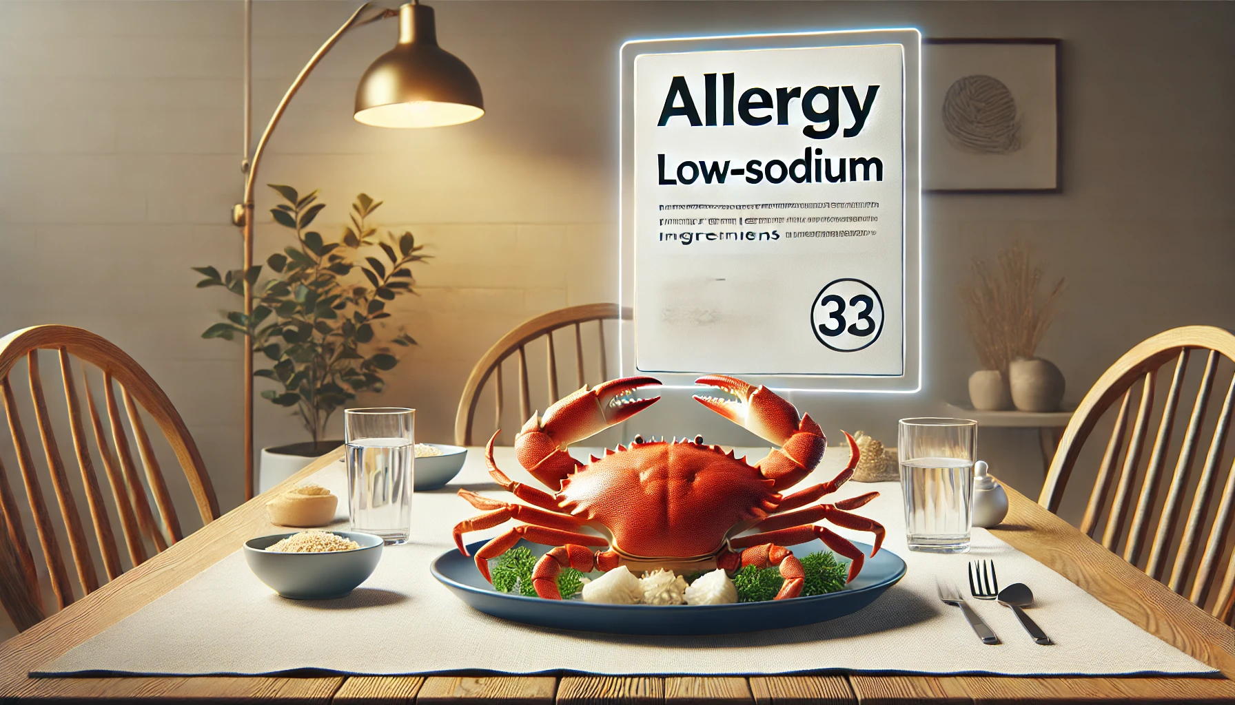 大きなカニ料理が食卓に盛り付けられており、アレルギーに注意を促す『Allergy』の文字がテーブル上に表示されている。周囲には低塩分の食材が配置されている。